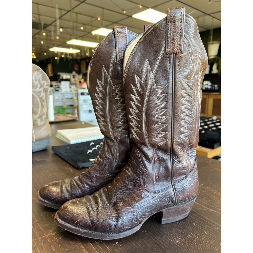 Panhandle Slim Brown Cowboy Boots 9.5 B Mexico Vintage Western Ostrich Leg - Picture 1 of 13